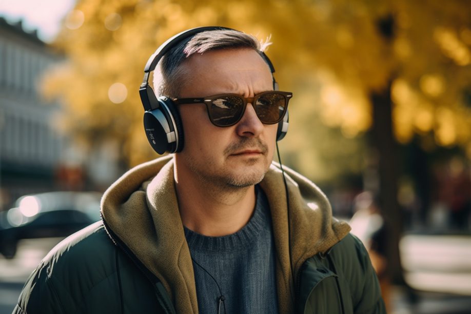 Muž na prechádzke počúva audioknihu so slúchadlami