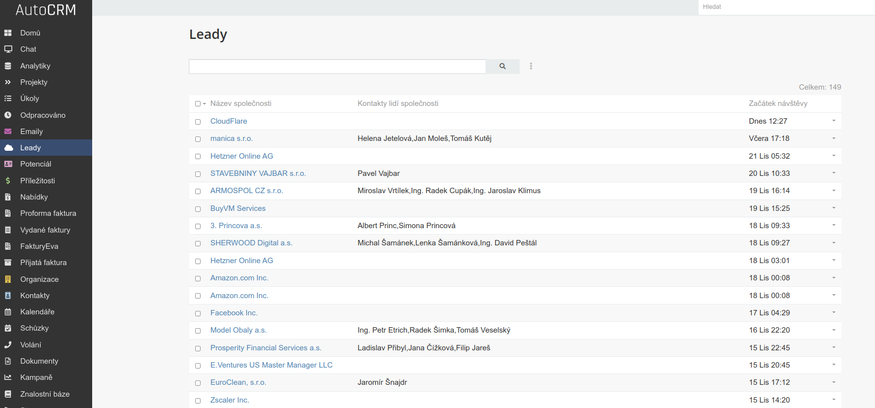 Zoznam leadov v CRM systéme